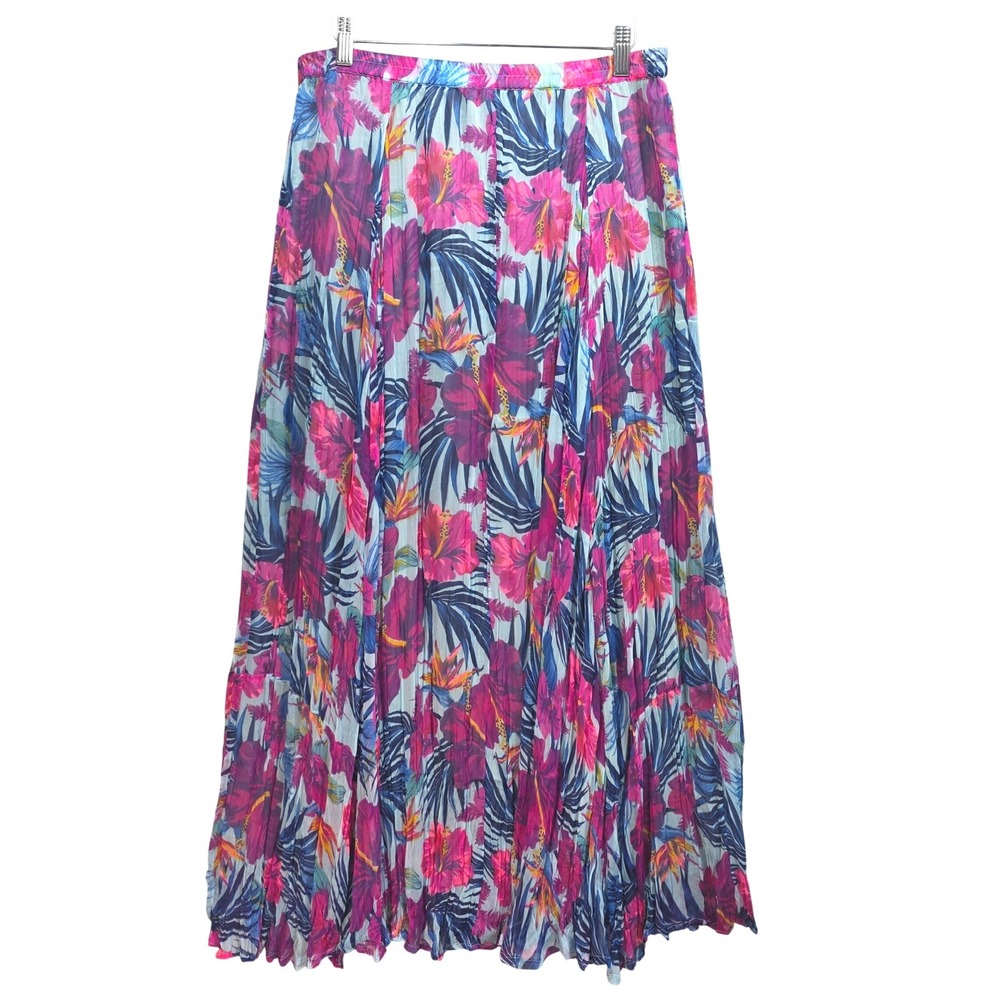 Flint and Moss Maxi Skirt Womens Large Tropical Hibiscus Pleated Lined Pink Blue